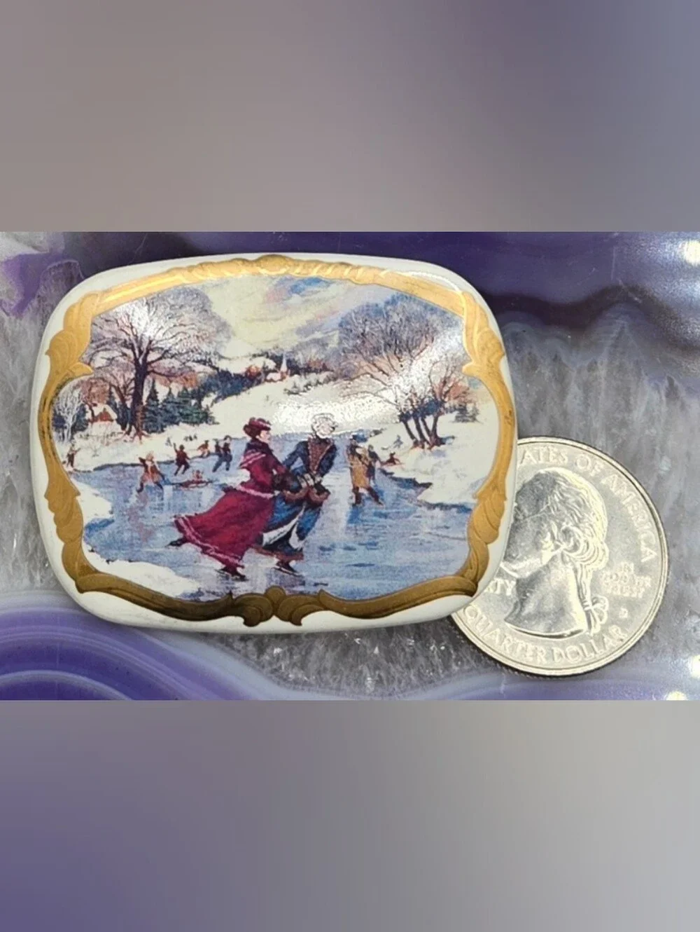 Winter Scene Porcelain Brooch Courier & Ives Image w/ 24kt Gold Trim